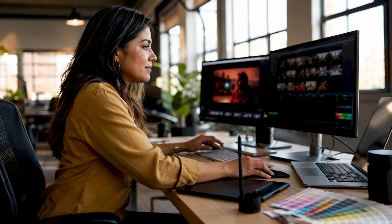 Hands editing digital video content at computer