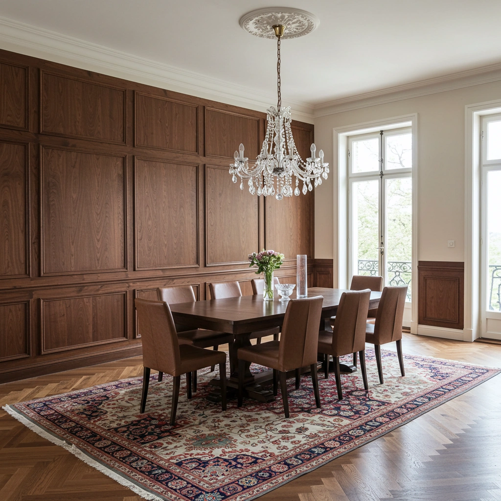Elegant dining room with faux wood grain paneling on the lower half of walls, executed in rich walnut tones. The upper portion features a subtle cream color that complements a crystal chandelier hanging over a rectangular dining table. Large windows, crown molding, and a Persian rug complete the sophisticated space, highlighting the contrast between the realistic wood effect and lighter elements