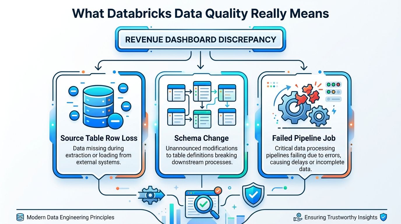 A diagram illustrating three common causes of revenue dashboard discrepancies: source table row loss, schema changes, and failed pipeline jobs.