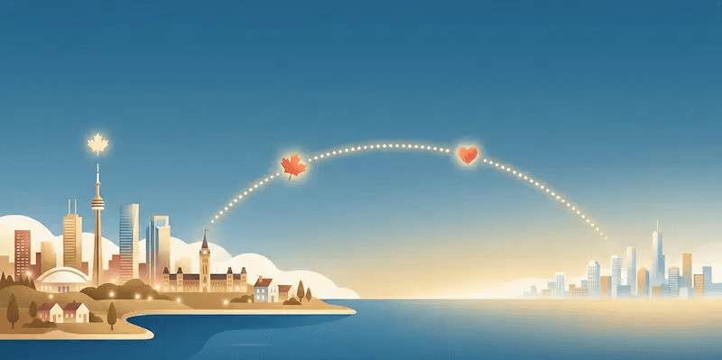 A minimalist blue and gold illustration of a Canadian cityscape connected to a distant skyline by a glowing dotted arc, featuring a floating heart and maple leaf.