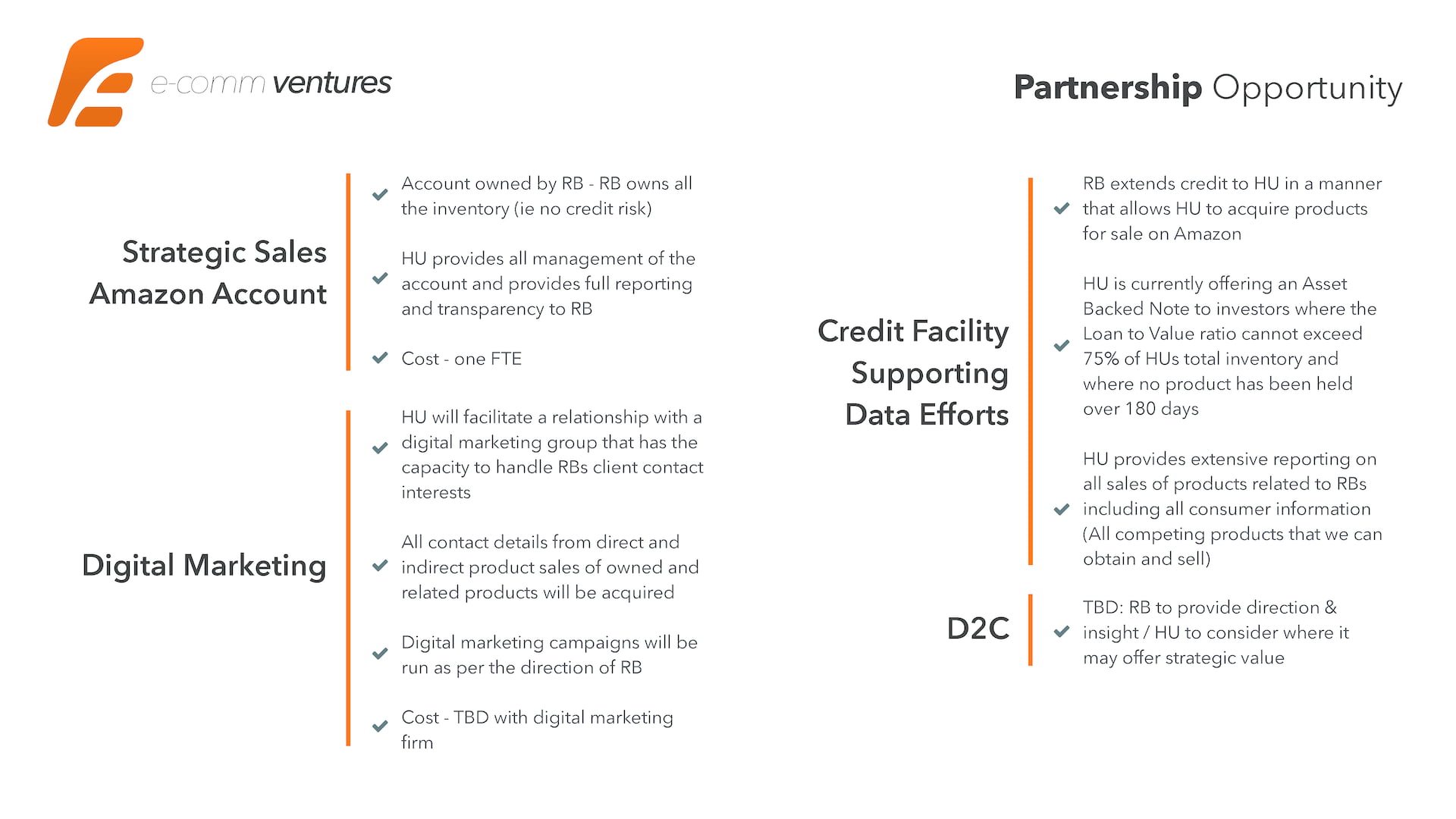 E-Comm Ventures partnership opportunity slide outlining strategic sales Amazon account structure, digital marketing arrangements, credit facility details, and D2C channel development with detailed operational terms for investor presentation.
