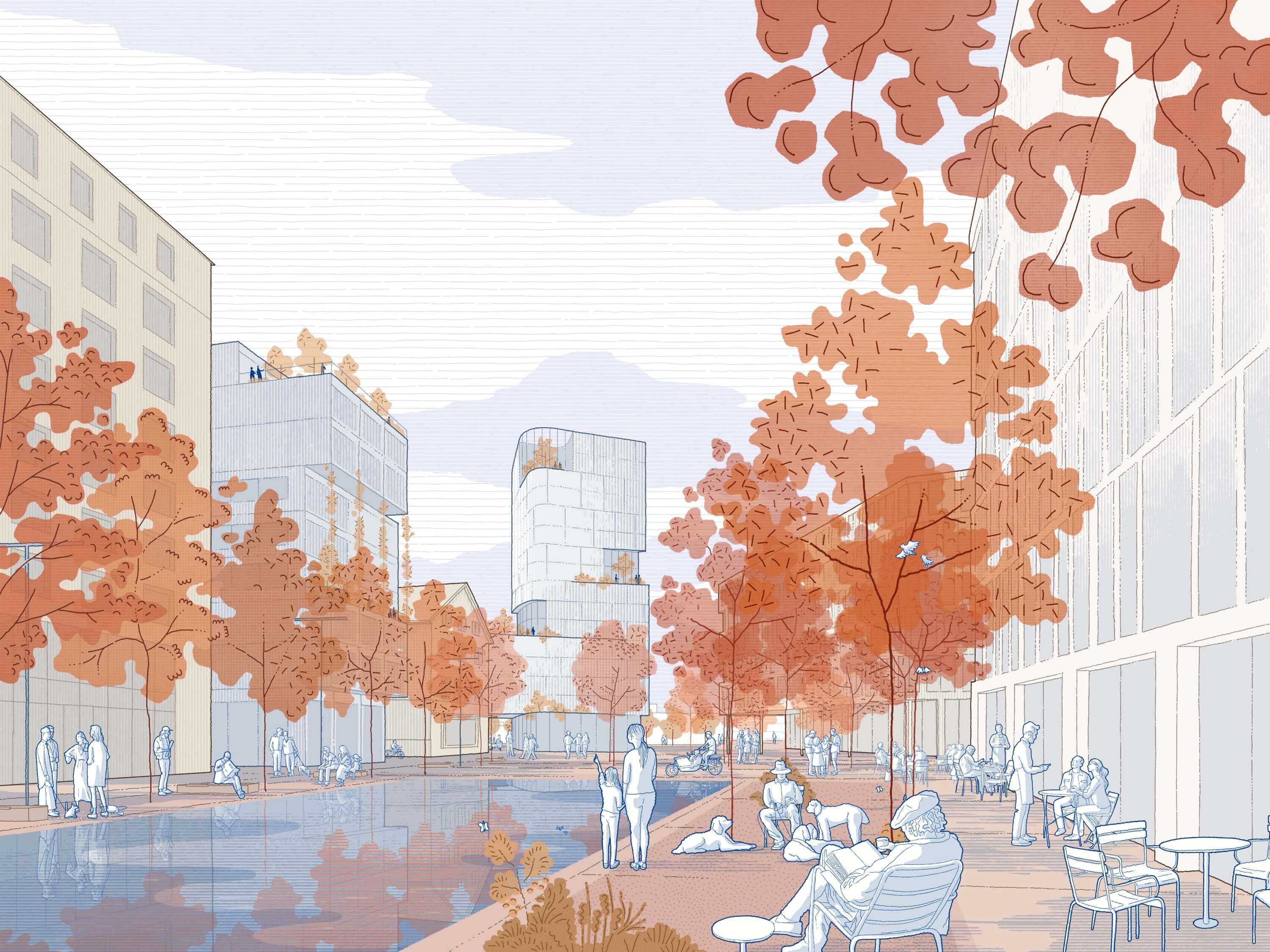 A serene street scene with buildings, autumn trees in orange hues, and a cloudy sky. People can be seen walking.