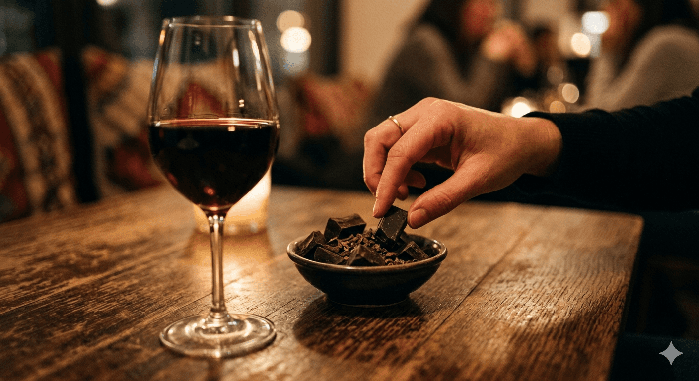 Hand reaching for chocolate beside an untouched wine glass — sugar cravings when reducing alcohol explained