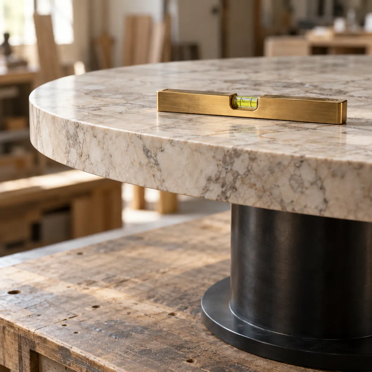Brass spirit level resting on a thick marble table top over a blackened steel base