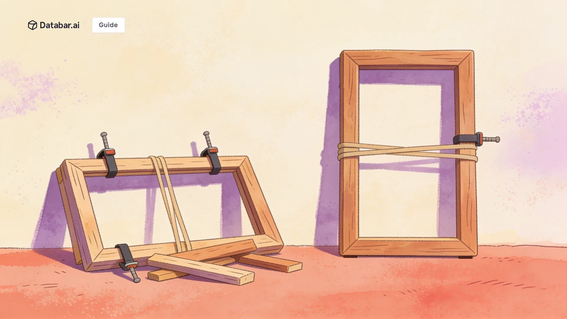 Illustration of a part-built frame with loose timber and clamps beside the same frame finished and strapped — Build vs Buy: When to Build Your Own Enrichment Stack