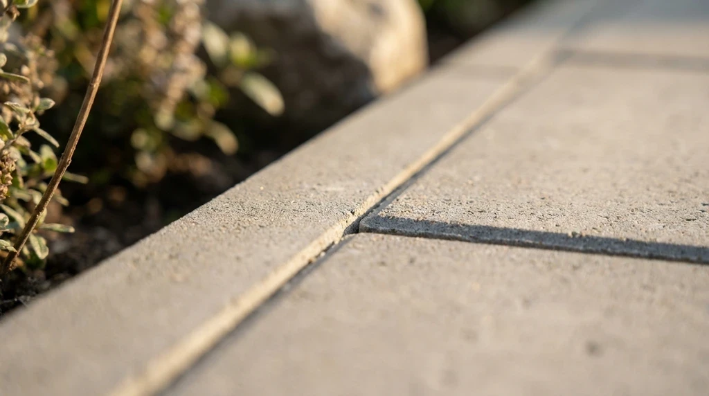 Detailopname van een tuinpad met stenen bestrating en omliggende planten bij zonsondergang.