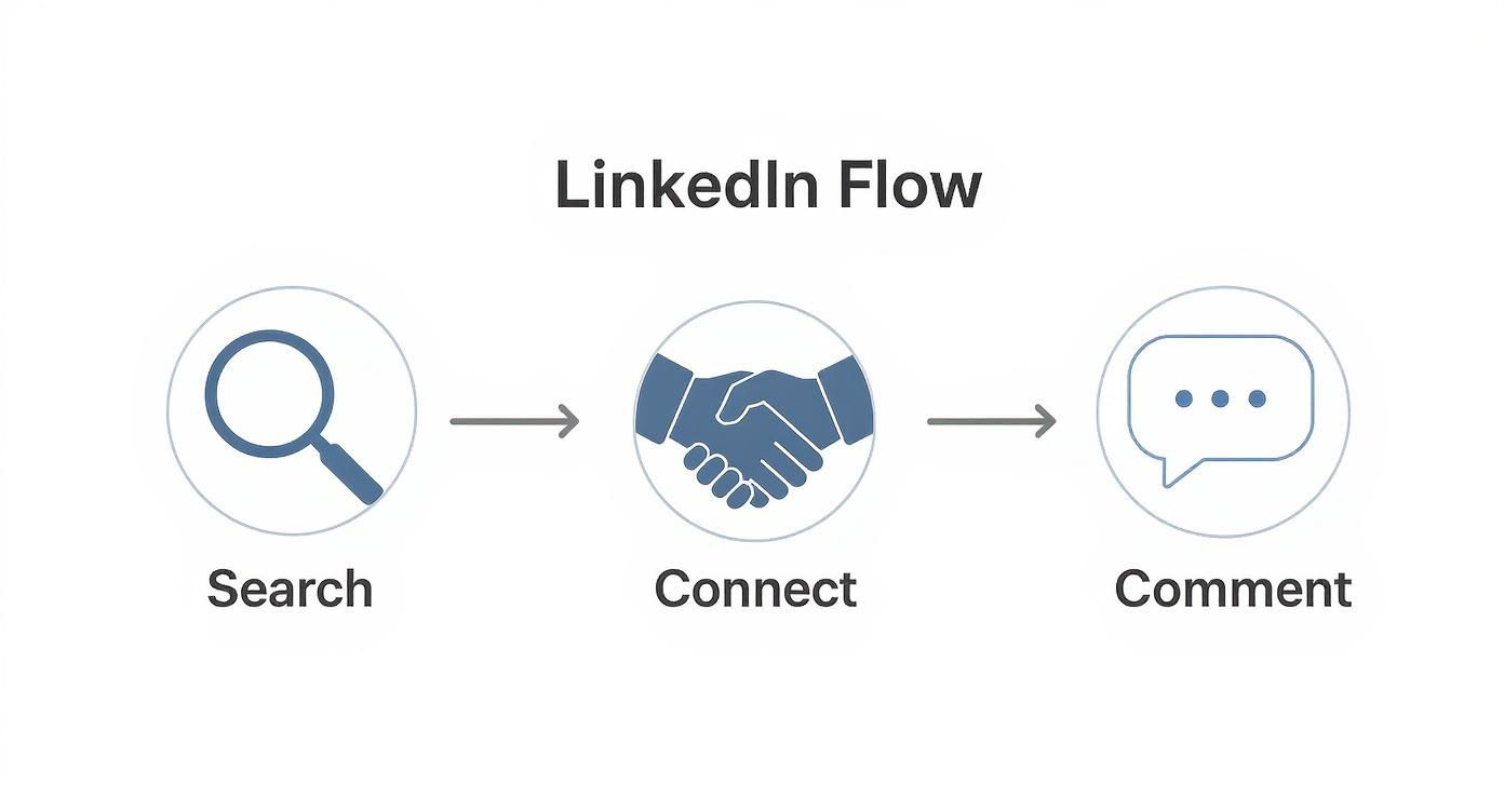 Infographic showing a three-step process for LinkedIn outreach: Search, Connect, and Comment, using icons against a white background.