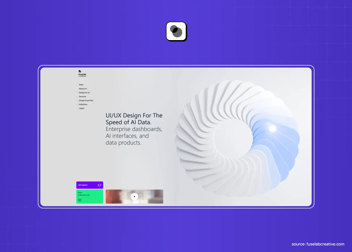 UI/UX design agency homepage focused on AI data products, featuring an abstract circular 3D form and minimalist interface. 