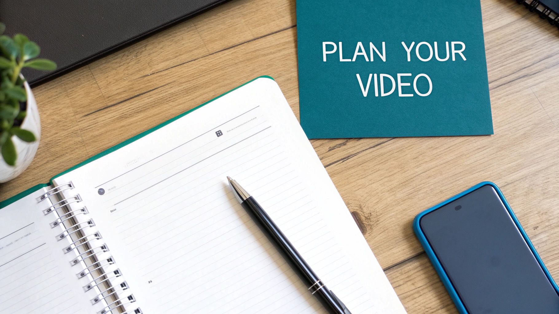 A flat lay of a desk with a notebook, pen, plant, smartphone, and a 'Plan Your Video' card.