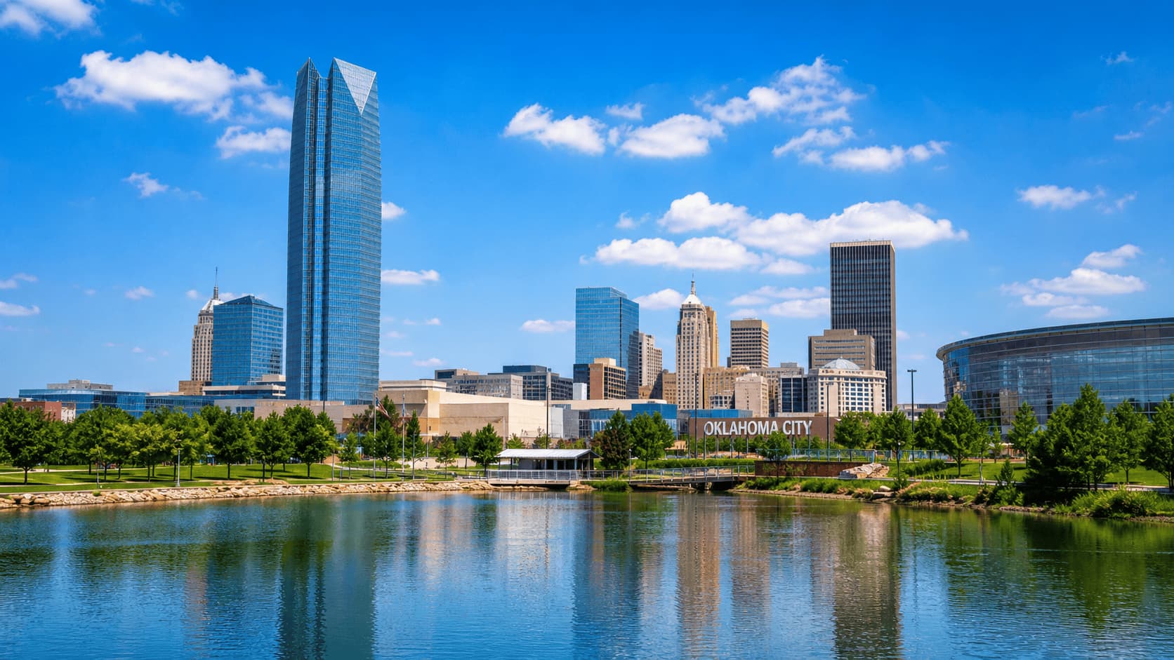 Oklahoma City skyline with lake and urban buildings
