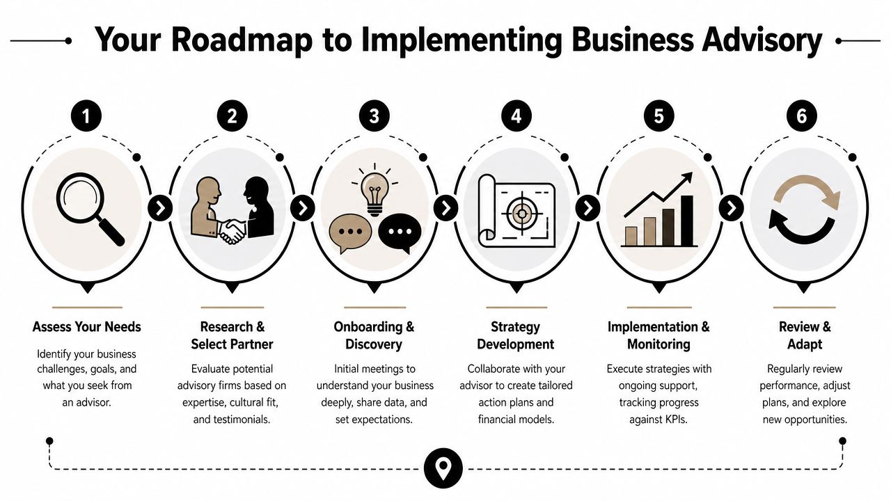 A six-step roadmap infographic for implementing business advisory services in a company.