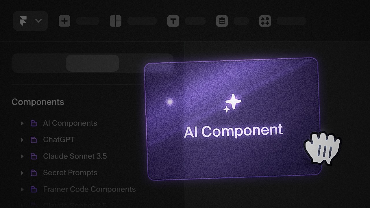 Framer interface highlighting a glowing AI Component card with intuitive drag-and-drop interaction