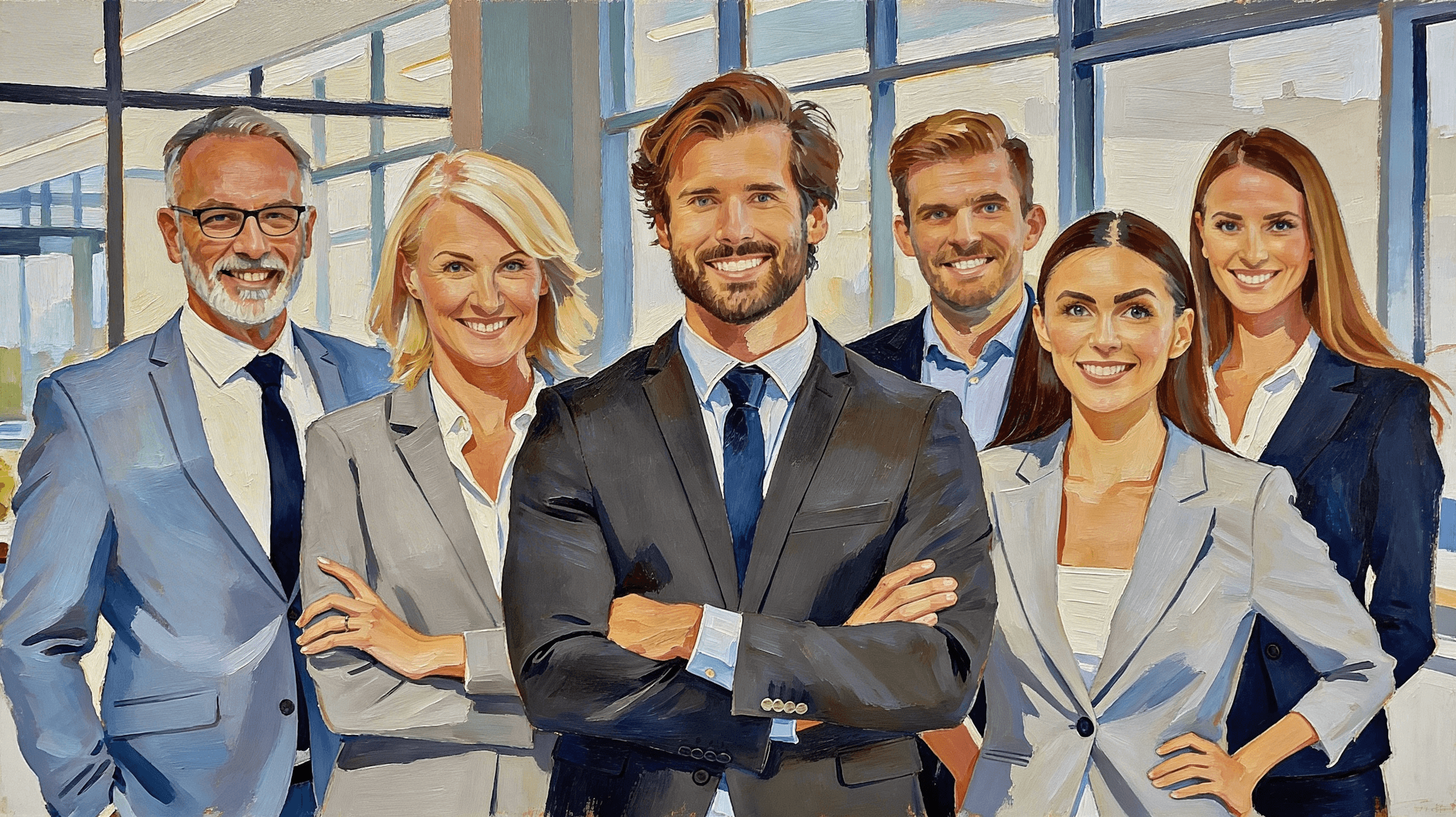 Diverse team of six employees standing together smiling in a modern office