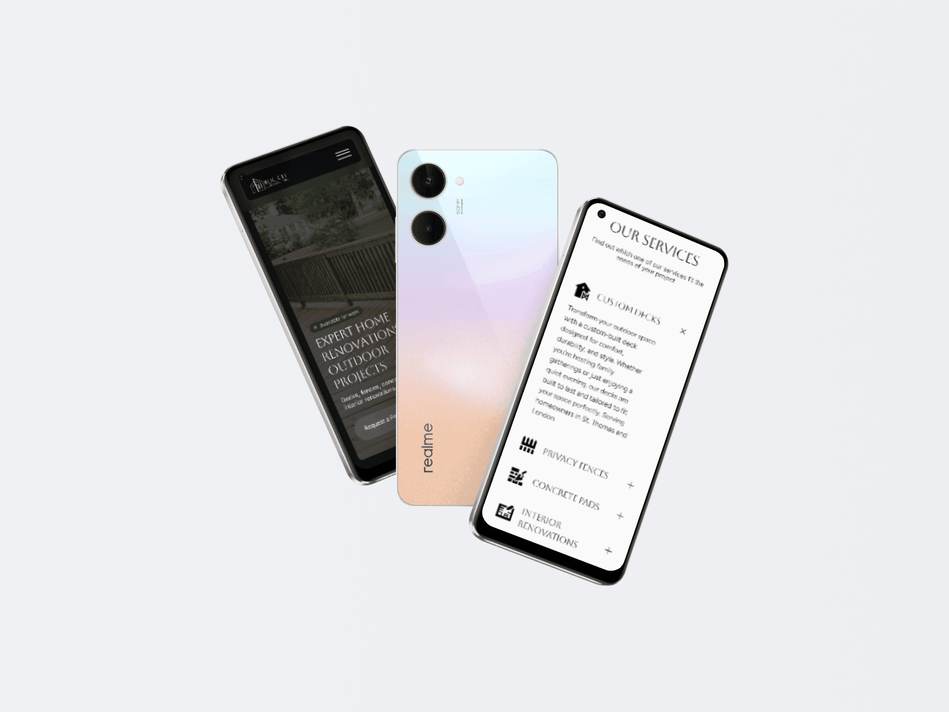 Mobile interface views of the RockIt Contracting website.