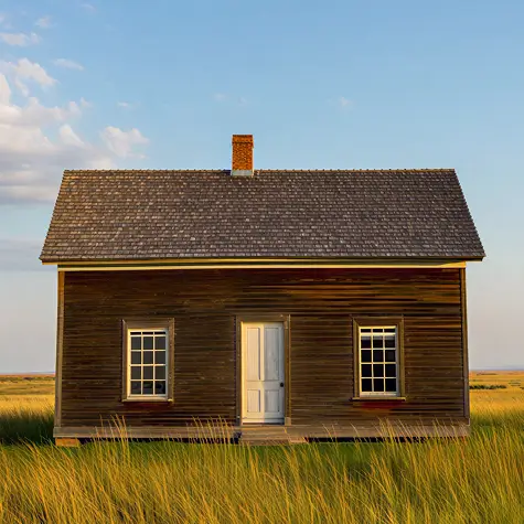 Small wooden house with white door and windows in a grassy plain under blue sky