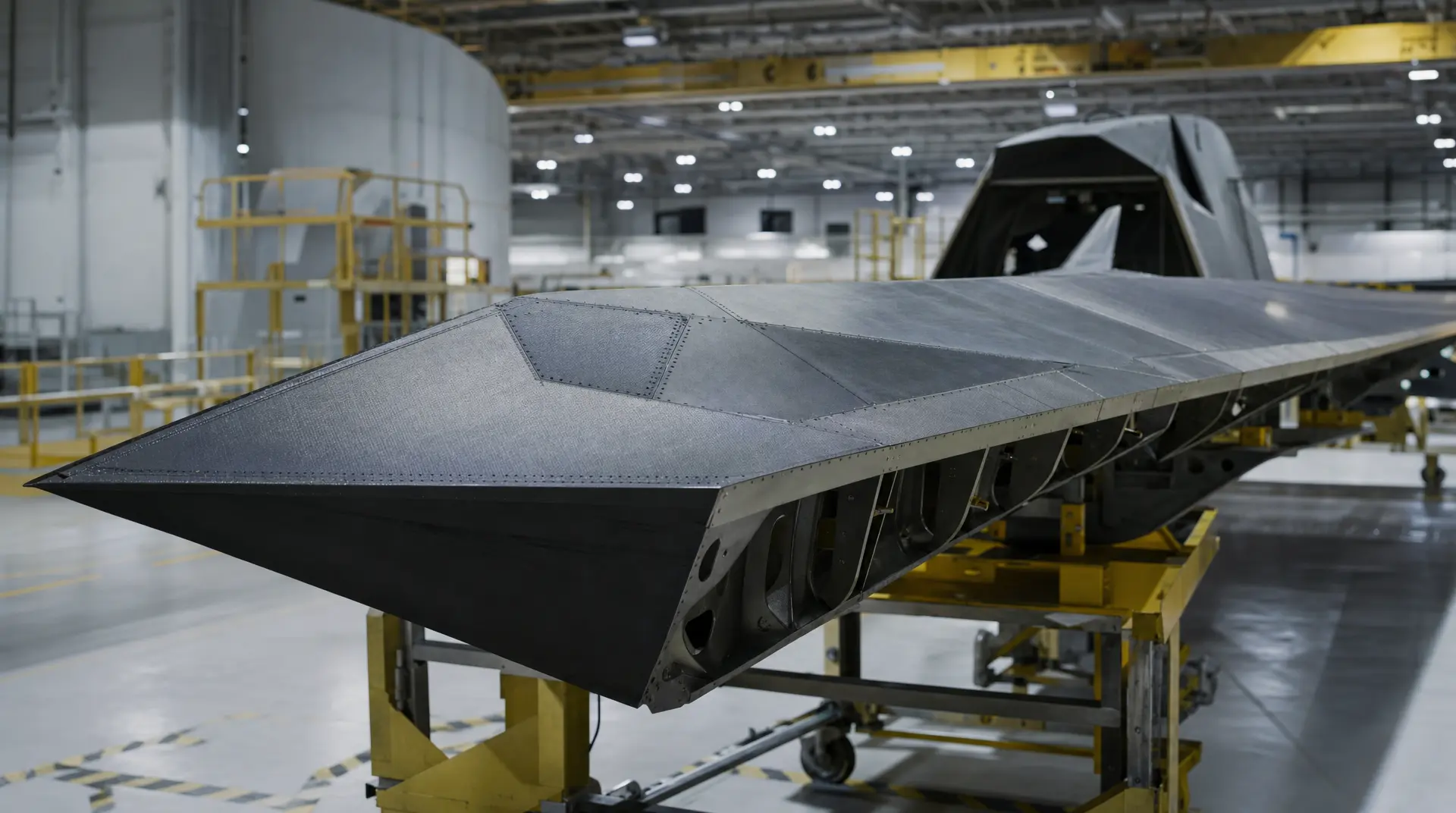Stealth jet wing in a factory hangar, supporting defense tech marketing and ITAR compliance defense marketing.