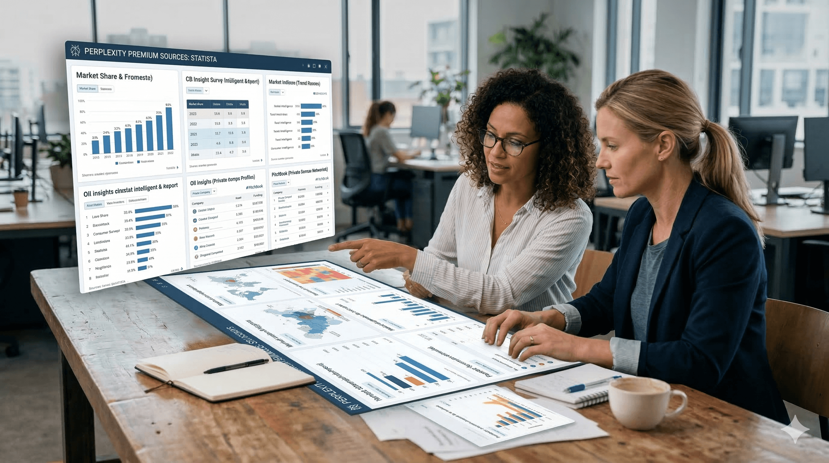 Two women in a modern office setting are reviewing data charts and graphs displayed on a large, interactive digital screen and table, labeled "Perplexity Premium Sources: Statista," with documents and a coffee cup nearby.
