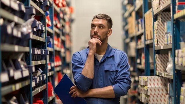 Homem branco de uniforme azul segurando prancheta em um depósito com caixas pequenas empilhadas em prateleiras