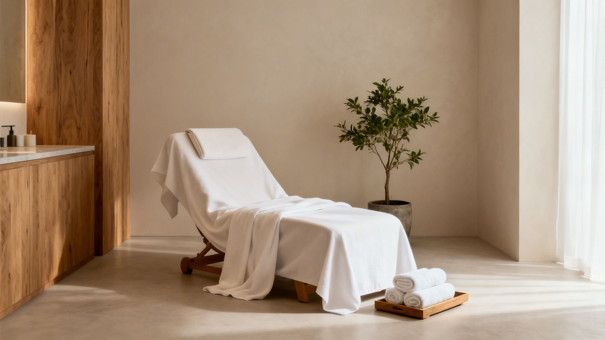 Serene spa room featuring a massage table with white towels, a green plant, and modern wooden cabinetry.