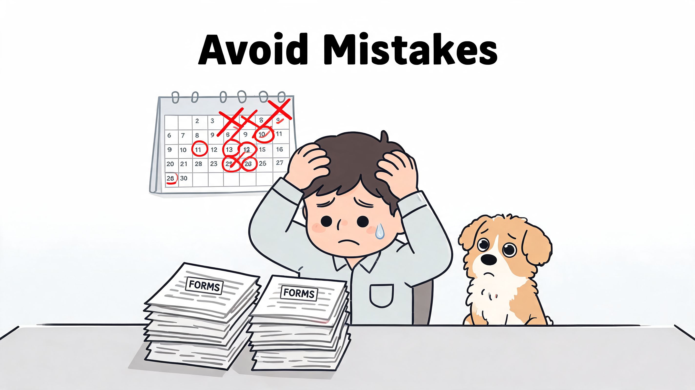 A stressed person looking at a calendar marked with red crosses and circles next to document piles.