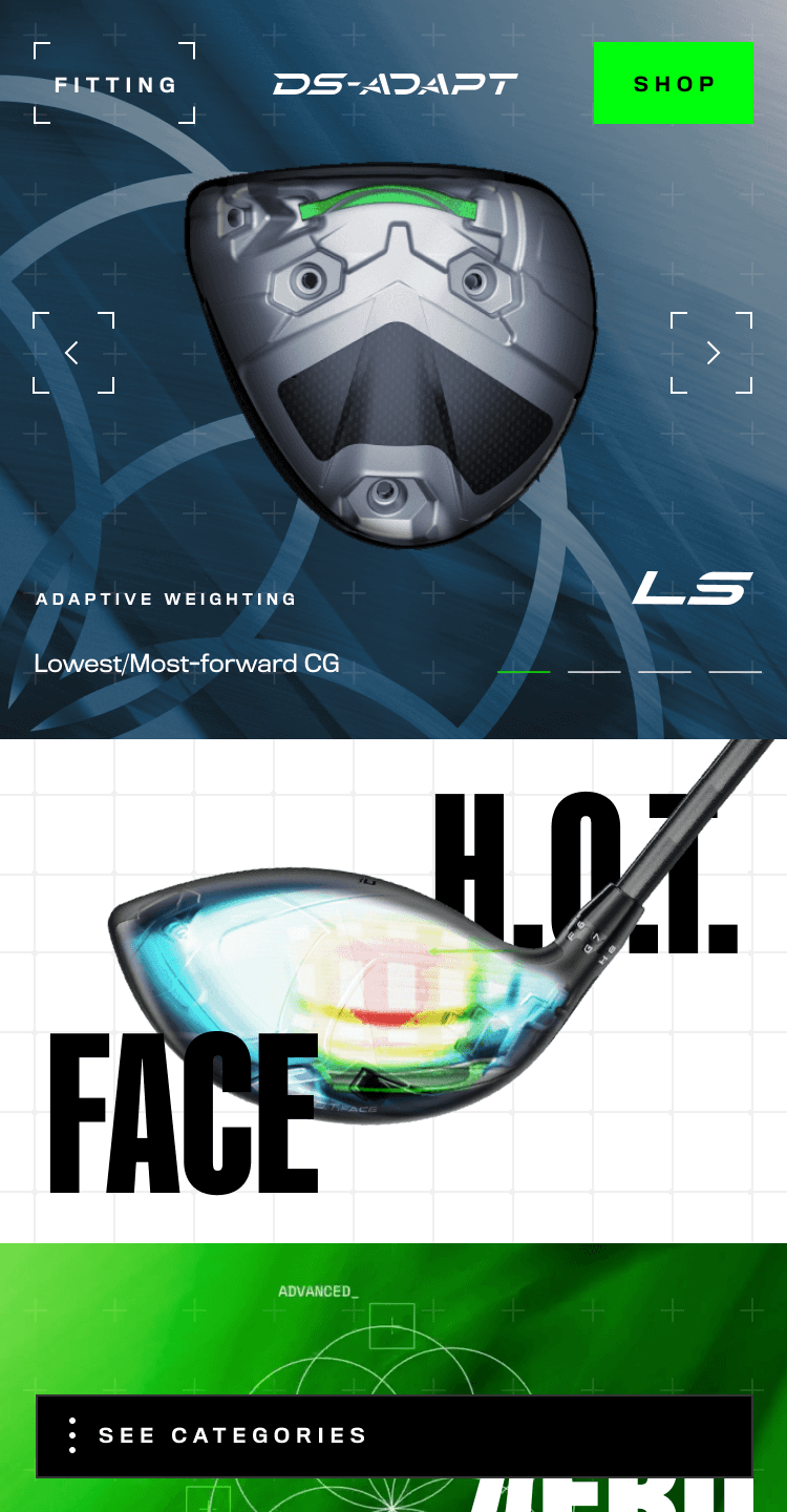 COBRA Golf DS-ADAPT adaptive weighting and H.O.T. Face technology. - mobile.
