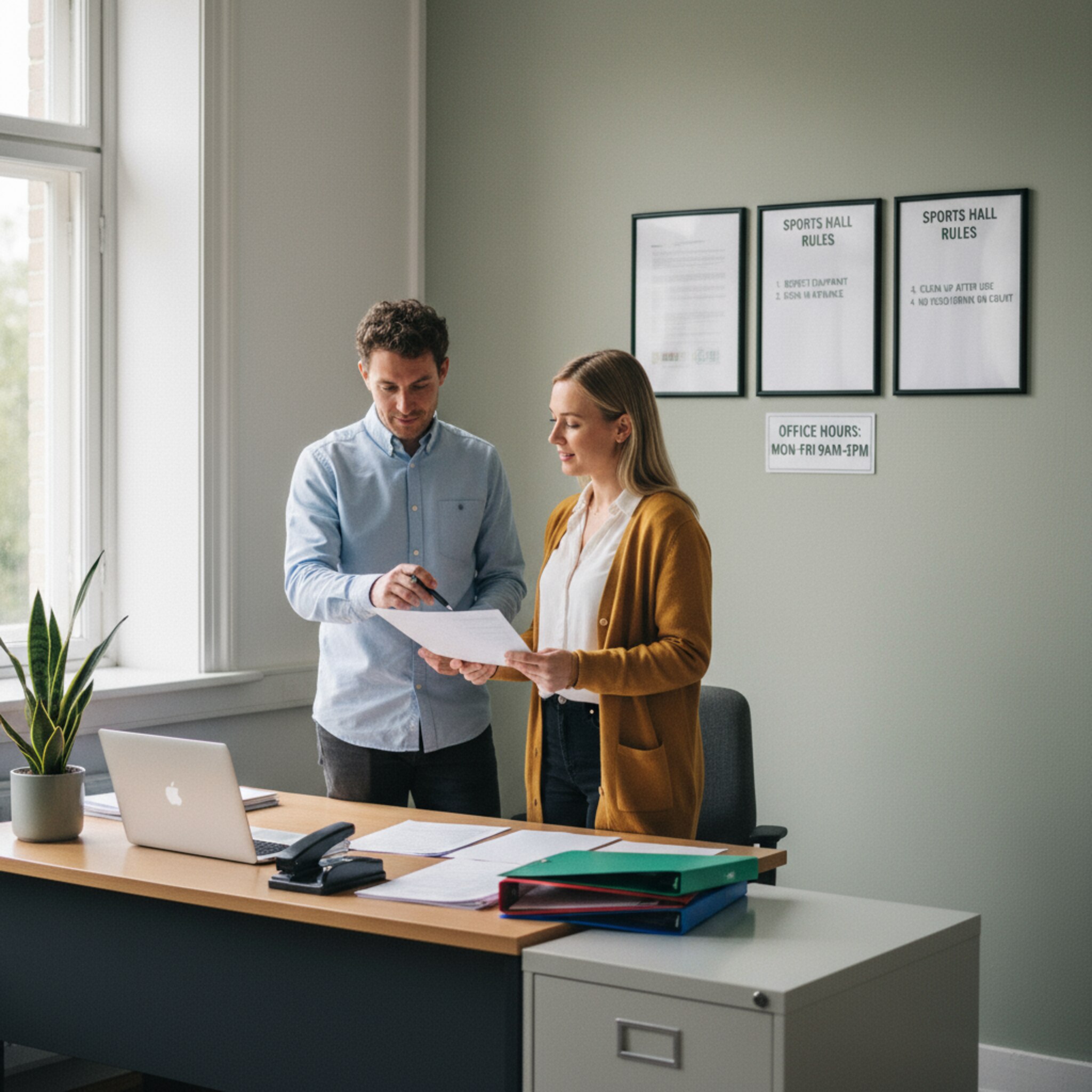 Im Büro des Sportamtes hängen klare Hallenregeln gerahmt an der Wand. Zwei Mitarbeitende besprechen eine gedruckte Belegungsübersicht und ordnen Papierunterlagen in Mappen. Ein abschließbarer Schrank steht daneben. Die Szene vermittelt Struktur, Verantwortung und Verlässlichkeit.
