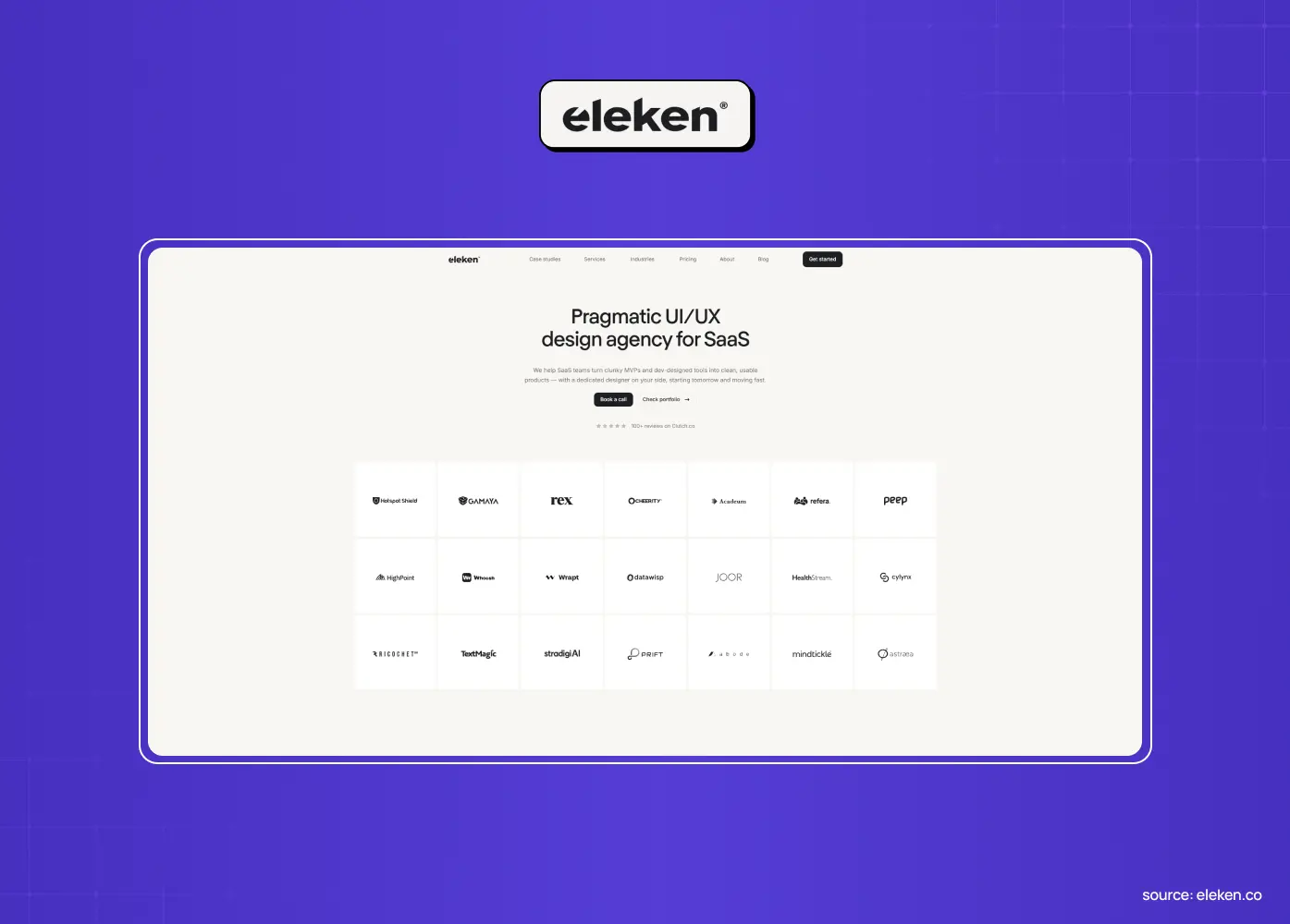Eleken website showcasing pragmatic UI/UX design services for SaaS companies, with a grid of client logos.