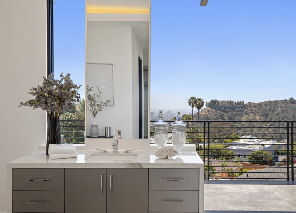 modern master bathroom vanity with view of california los angeles