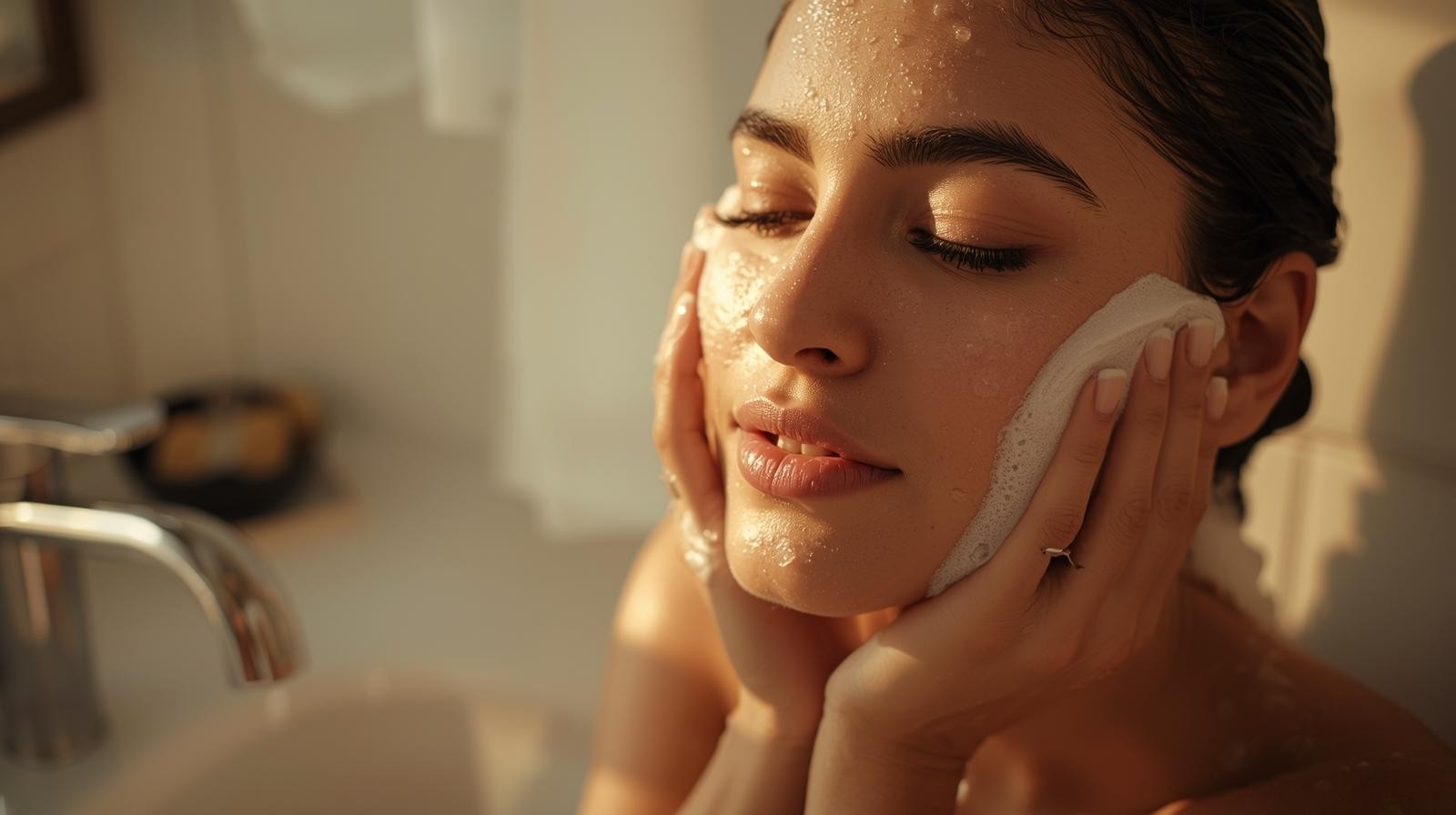 Women is cleansing her face in the bathroom