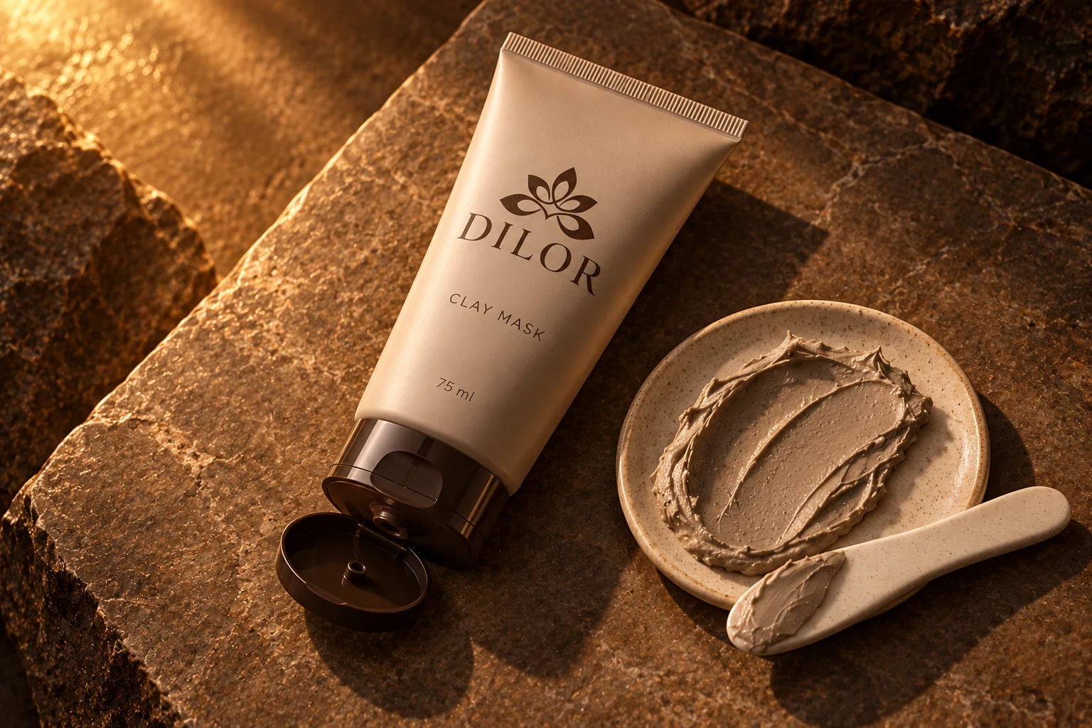 Dilor clay mask tube beside a textured clay paste
