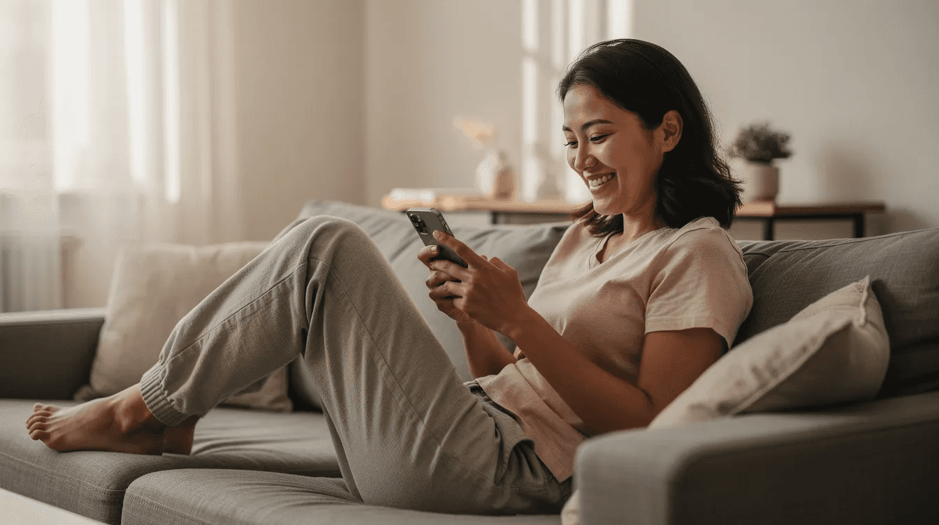 A smiling parent sits comfortably on a couch, engrossed in their smartphone, likely exploring features of gymnastics club management software to stay updated on class schedules and track attendance for their child's gymnastics classes. This moment reflects the ease and convenience that modern gymnastics club software brings to parents managing their children's activities.