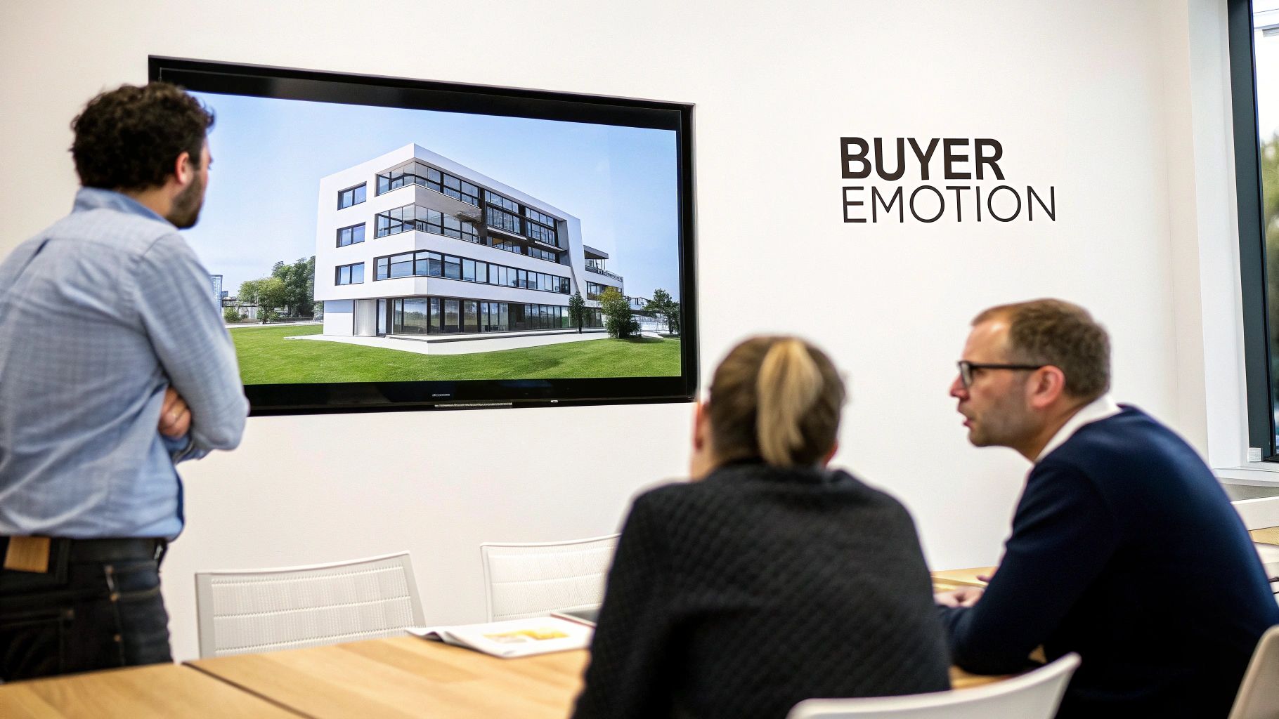 Professionals discuss a modern 3D architectural rendering of a building displayed on a large screen in a meeting room.