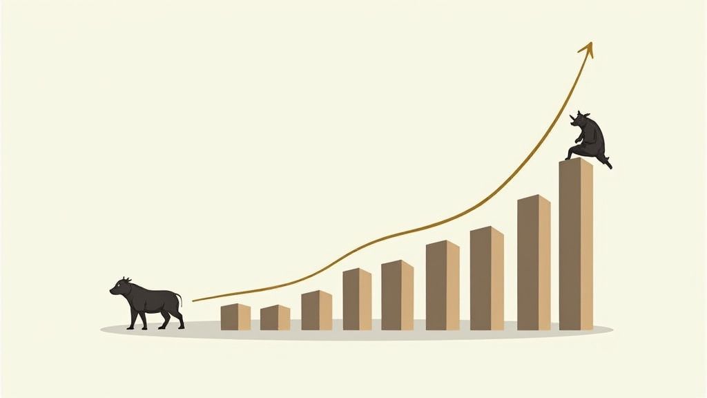 A line graph with dramatic peaks and valleys overlaid on a background of cryptocurrency symbols, illustrating the boom-and-bust cycles of the crypto lending market.