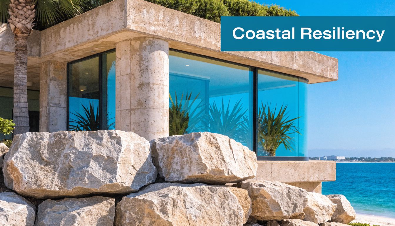 A luxurious coastal mansion in Naples, Florida, protected by large rock boulders against the ocean waves.