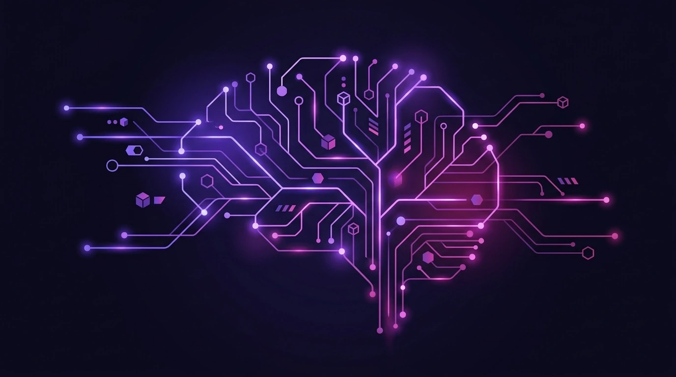 A futuristic, minimalist representation of a digital brain interconnected with glowing magenta and violet data nodes. The background is a stark deep black, illustrating the concept of Answer Engine Optimization and AI search connectivity.