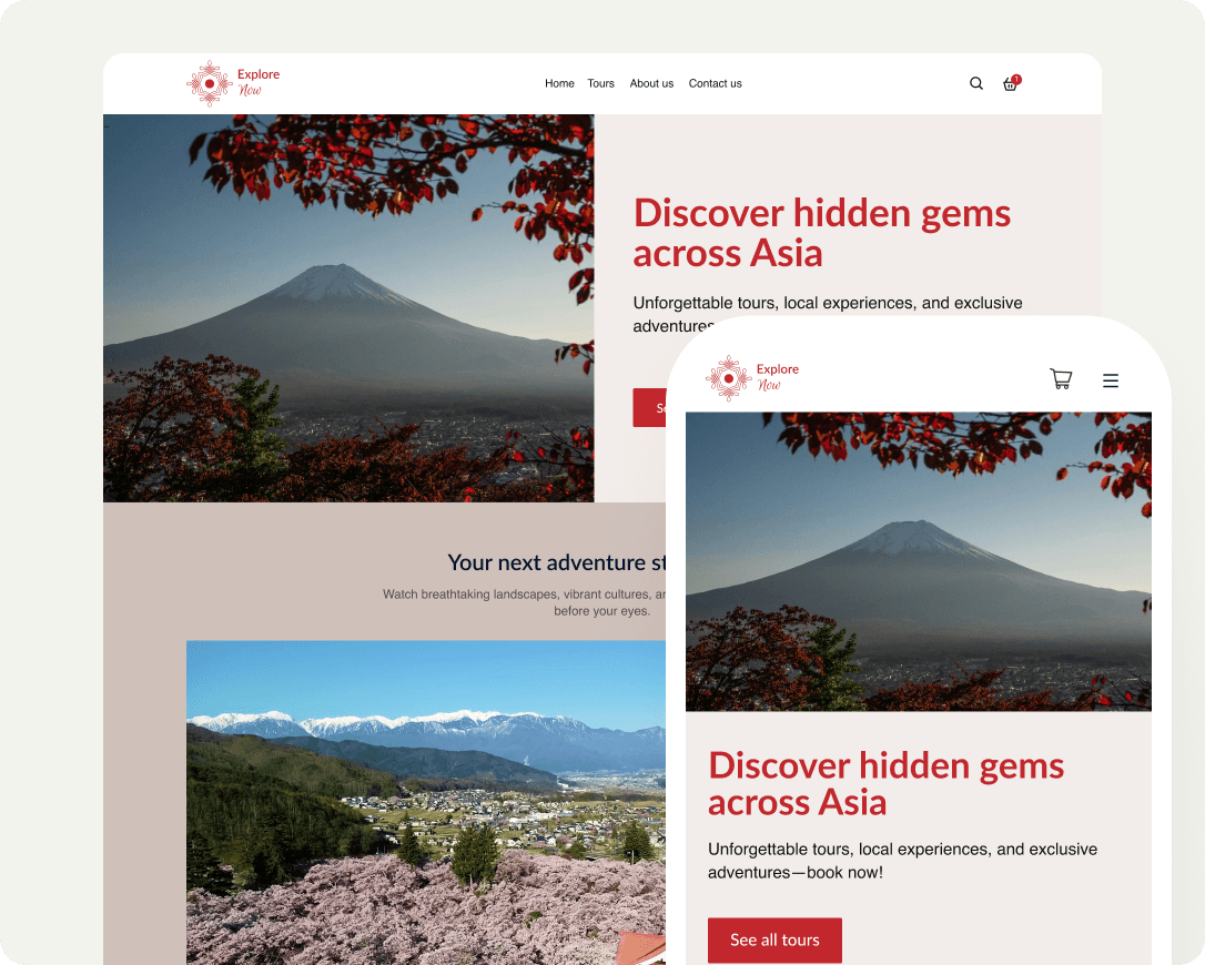 Travel website mockup titled "Discover hidden gems across Asia" featuring a scenic photo of Mount Fuji.