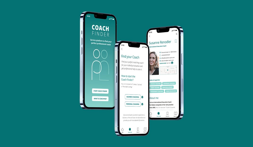 Mockup Coachfinder App auf drei Screens eines iPhones