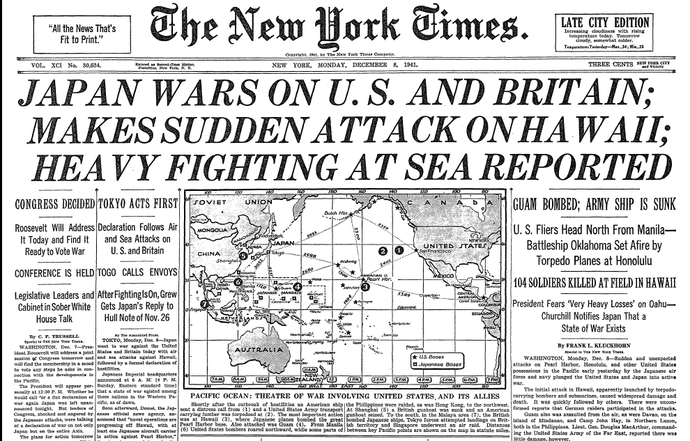 New York Times front page dated December 8, 1941, reporting Japan's surprise attack on Pearl Harbor and the United States entry into World War II.