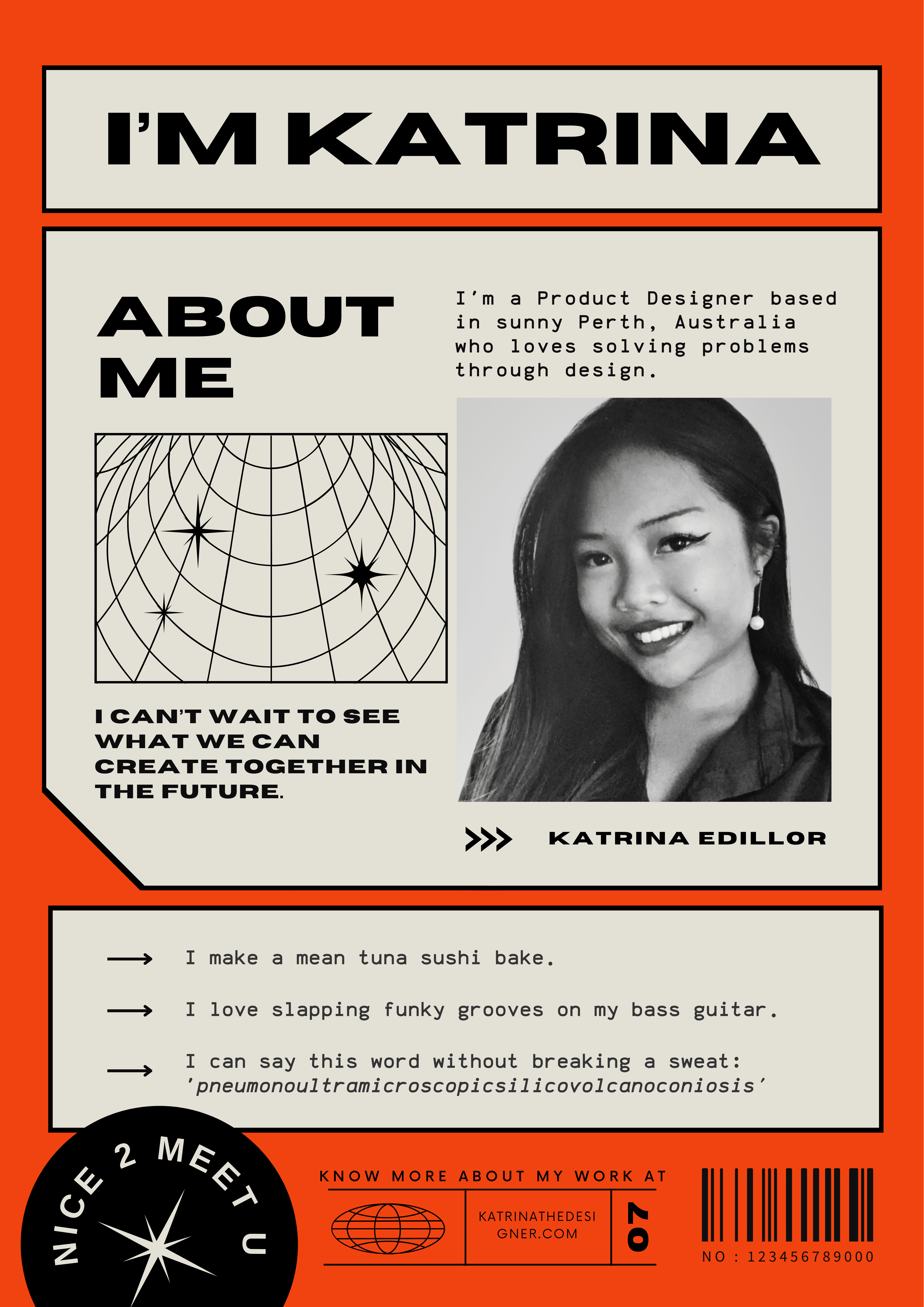 About me poster of Katrina, a Product Designer based in Perth, Australia