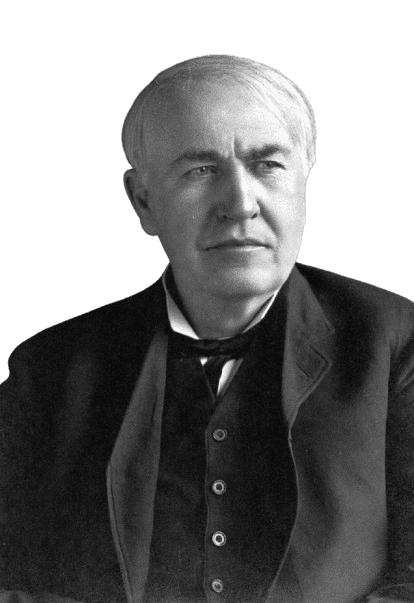 A black-and-white portrait of Thomas Edison, the famous American inventor, known for his groundbreaking work on the electric light bulb, phonograph, and motion pictures. He is dressed in formal attire, with a serious and reflective expression, captured in a classic, historic photograph.