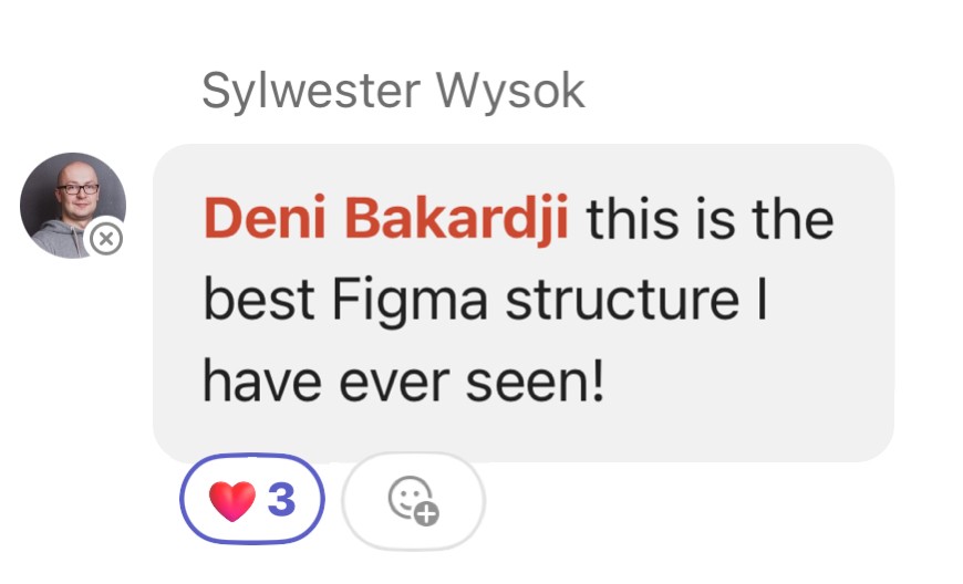 Chat message from a developer praising the structure of the Figma file