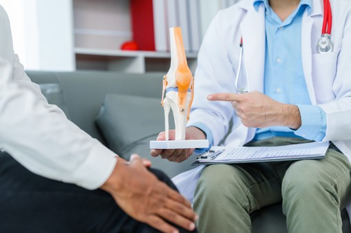 doctor mostrando un modelo de rodilla a un paciente