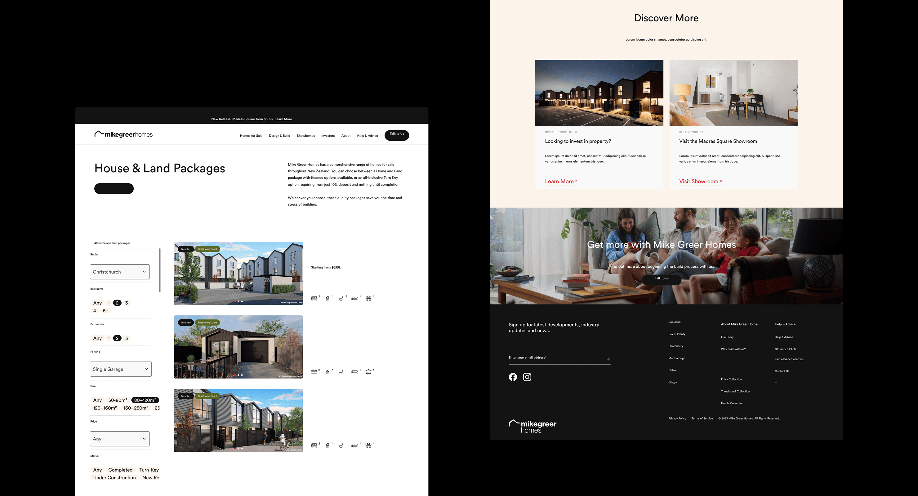 Example of the search page for desktop for Mike Greer Homes