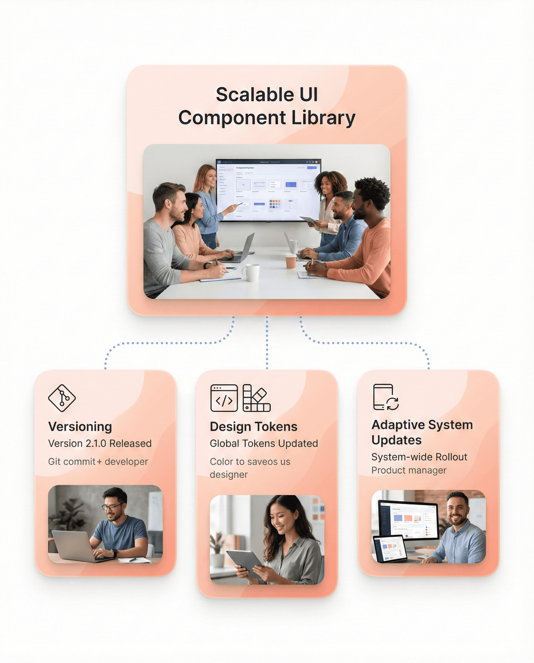 Scalable UI component library with versioning and design token management that adapts as product complexity increases without adding maintenance overhead.