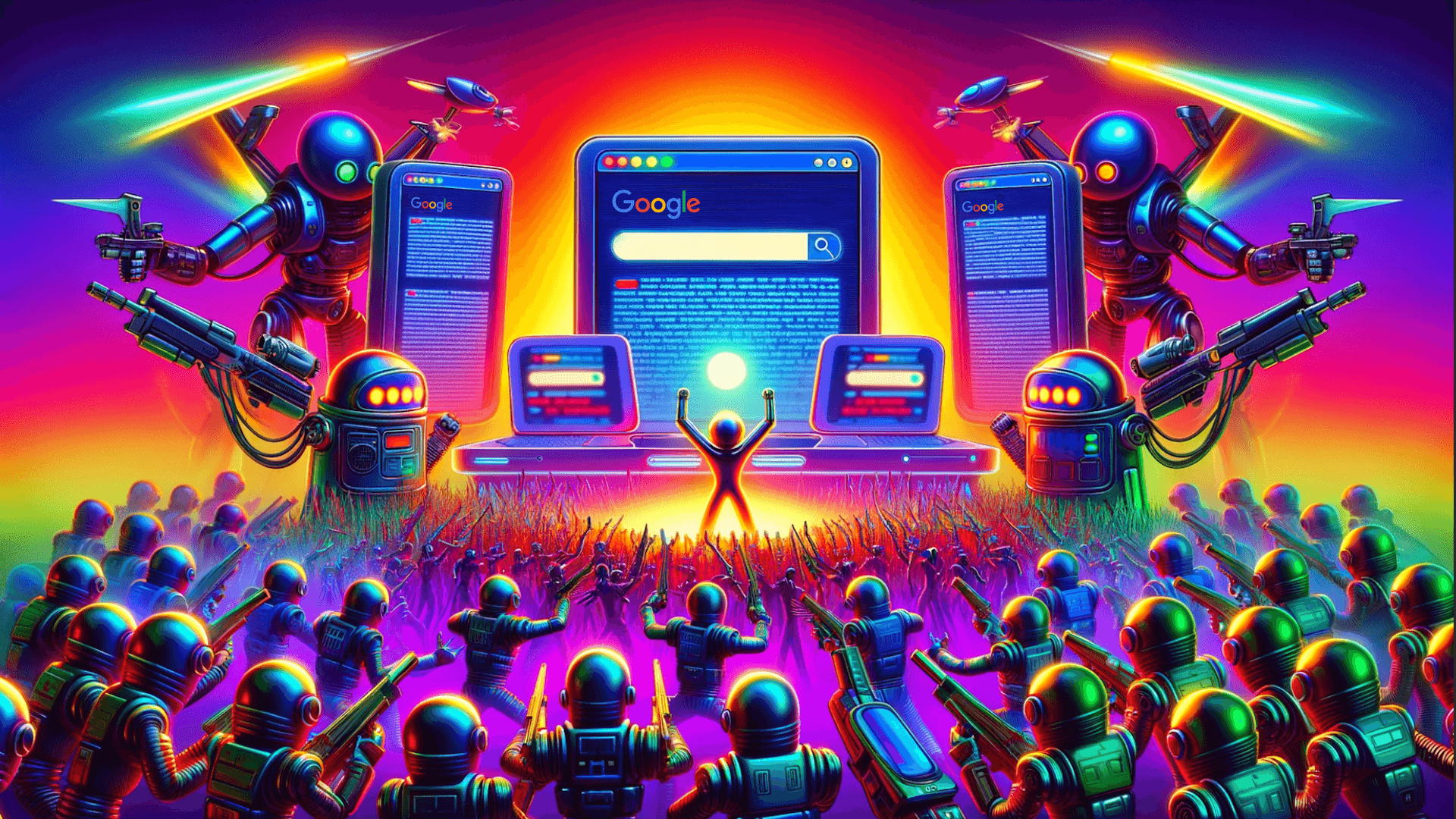 Image captures a futuristic scenario where robots and advanced technology dominate the digital landscape, symbolizing the evolution of search technologies like Google. A central figure raises its hands towards a giant Google search screen, flanked by robots equipped with various gadgets and weaponry, suggesting the integration of AI and machine learning into everyday internet activities.