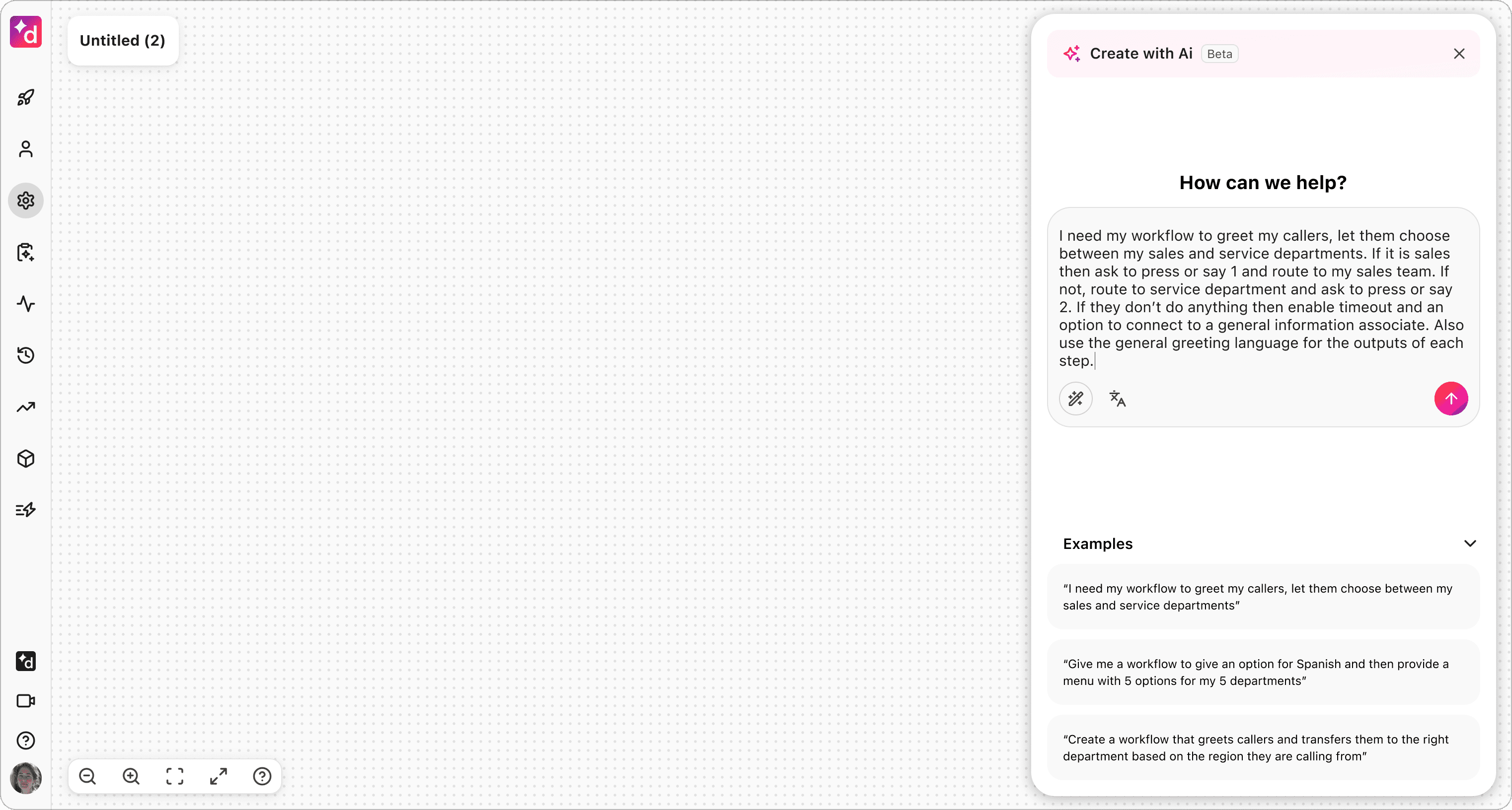 Blank canvas with options to choose from before prompting AI to create a Workflow