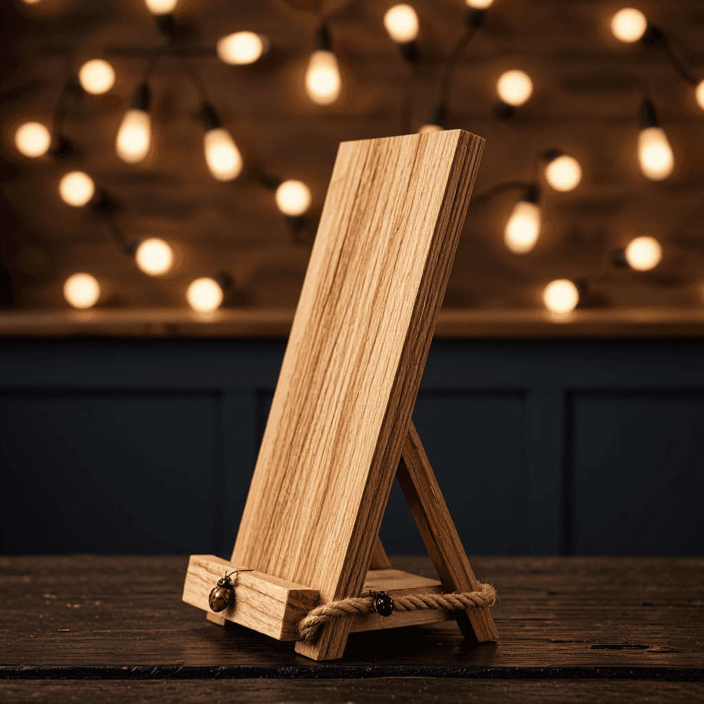 product photography of a wooden display stand with decorative rope and ladybug accents