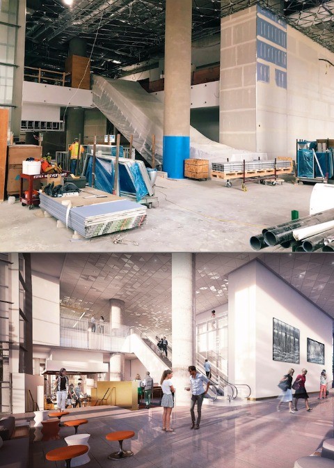  Main lobby, seen in current construction phase and final rendering 