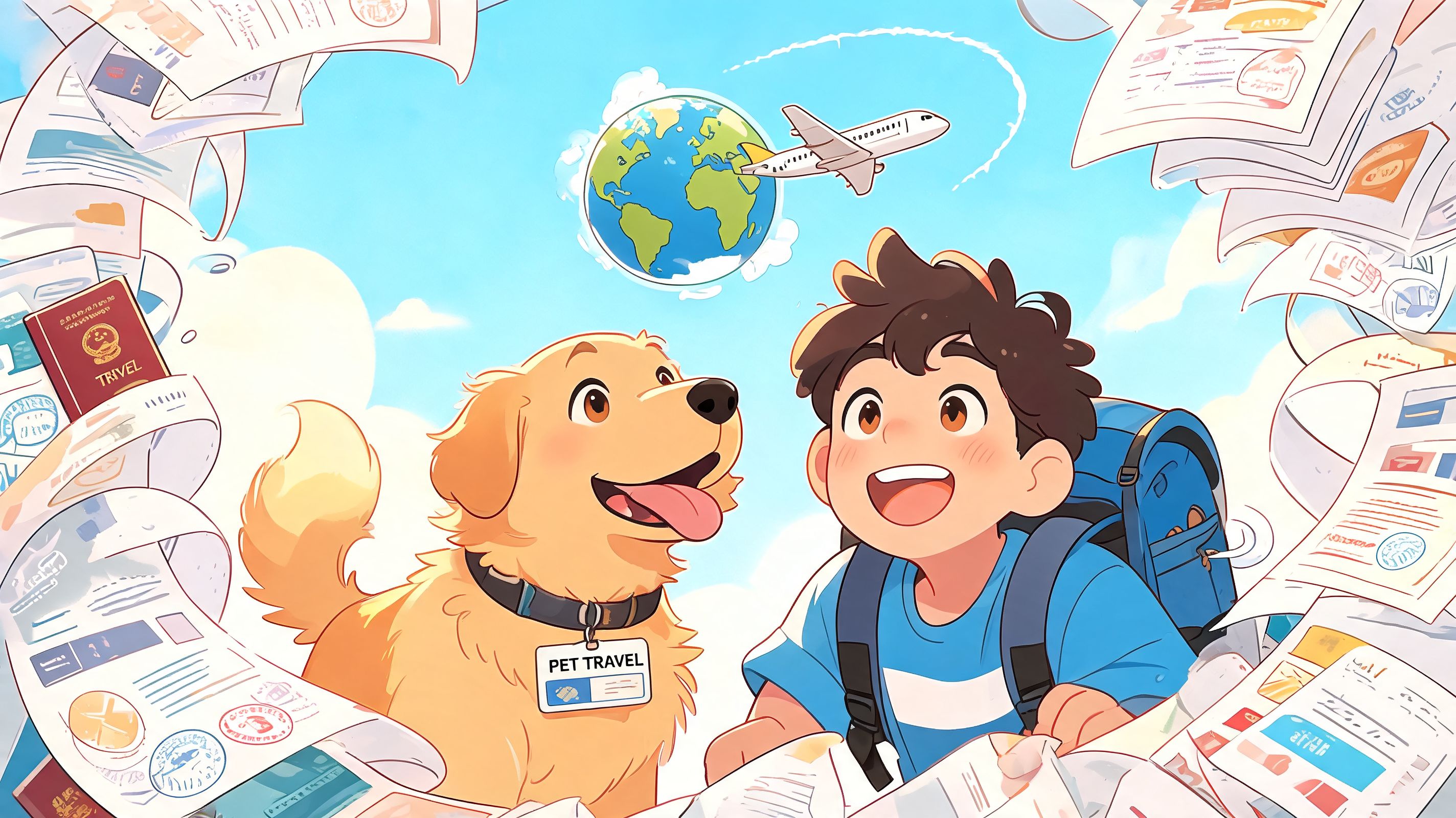A joyful boy and his golden retriever dog excited for international travel surrounded by travel documents.