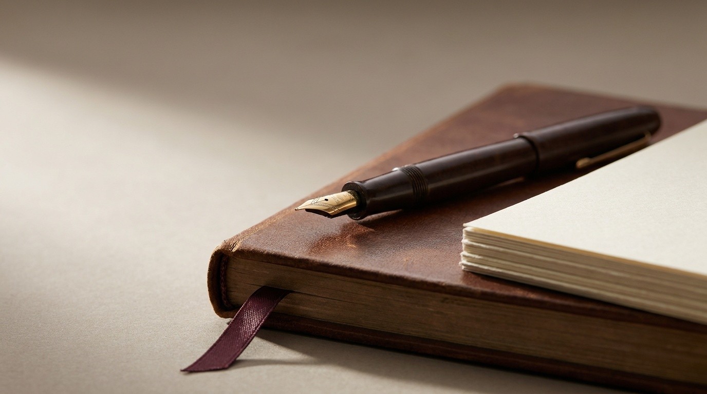 A fountain pen resting on a leather-bound ledger with a wine ribbon, evoking the careful intake records behind court reporting scheduling calls